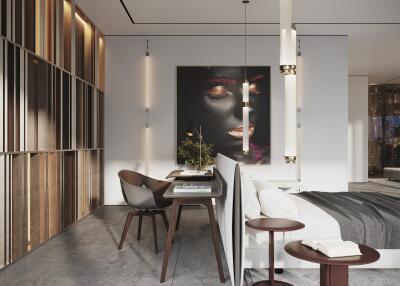 Modern living area with dining table and artwork