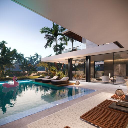 Luxurious poolside outdoor living area at modern property