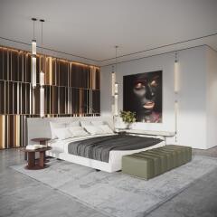 Modern bedroom with stylish decor and artistic wall art