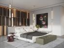 Modern bedroom with stylish decor and artistic wall art