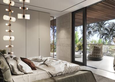 Modern bedroom with large glass doors opening to a balcony