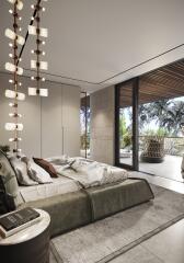 Modern bedroom with large glass doors opening to a balcony