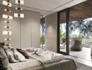 Modern bedroom with large glass doors opening to a balcony