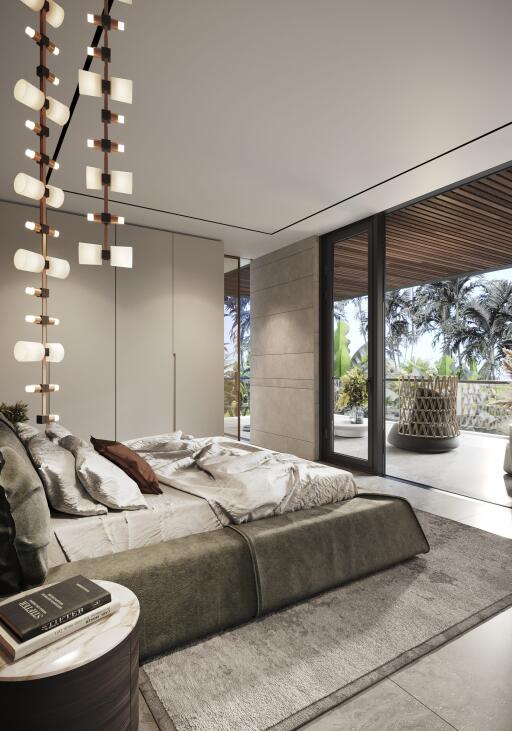 Modern bedroom with large glass doors opening to a balcony