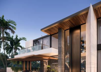 Modern luxury home exterior with large windows, balcony, and carport.