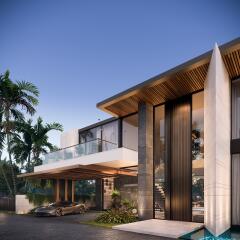 Modern luxury home exterior with large windows, balcony, and carport.