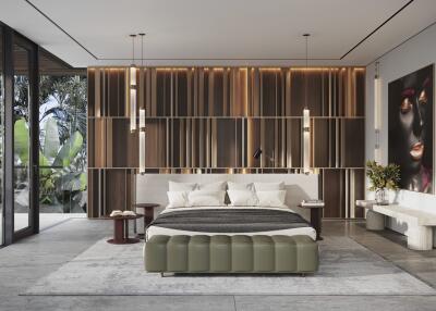 Luxury modern bedroom with large bed and decorative wall paneling