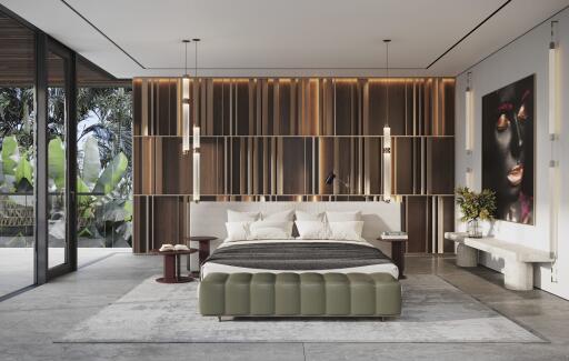 Luxury modern bedroom with large bed and decorative wall paneling