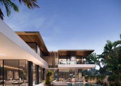 Modern luxury home with pool and lush greenery