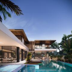 Modern luxury home with pool and lush greenery