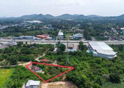 Aerial view of land with a marked boundary