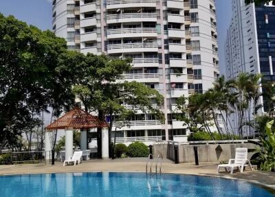 Swimming pool with tall building in the background