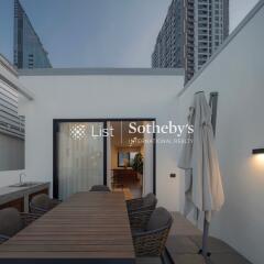 Modern balcony with dining table and view of indoor living area