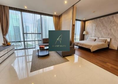 Modern bedroom with city view and mixed flooring