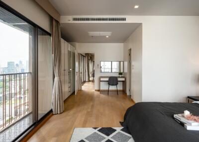 Modern bedroom with a workspace and a balcony view