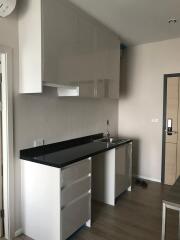 Modern kitchen with glossy cabinets and black countertop