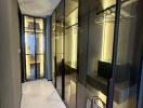 Modern walk-in closet with glass doors and ample storage