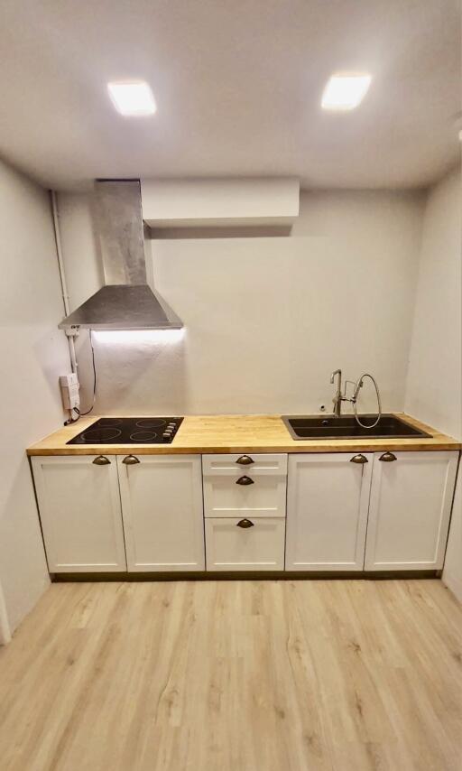 Modern kitchen with wooden countertop and built-in appliances