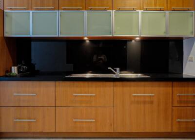 Modern kitchen with wooden cabinets and black countertops