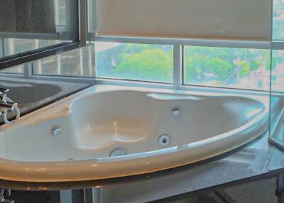 Bathroom with jacuzzi tub and city view