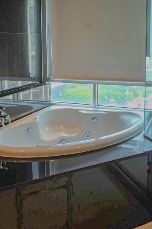 Bathroom with jacuzzi tub and city view