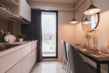 Modern kitchen with dining area and large window