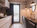 Modern kitchen with dining area and large window