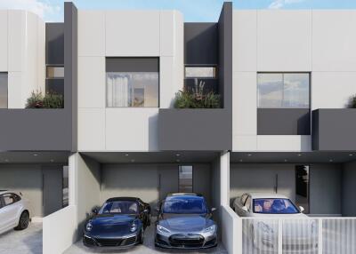 Modern residential building with garages and parked cars