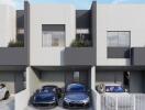 Modern residential building with garages and parked cars