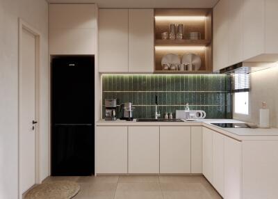 Modern kitchen with black fridge and green backsplash