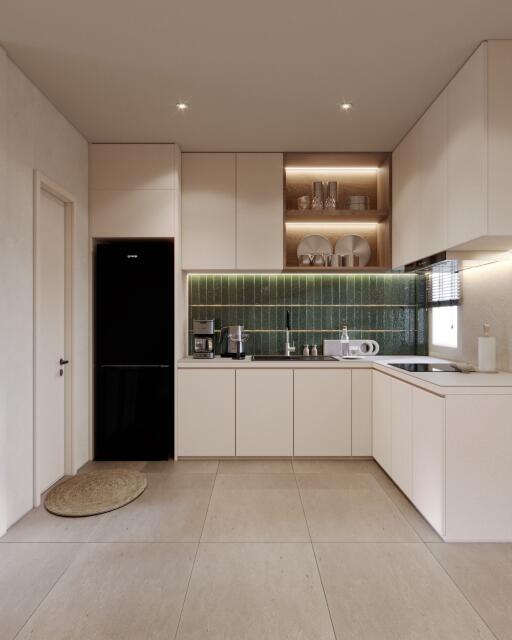 Modern kitchen with black fridge and green backsplash