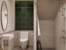 Modern bathroom with green tiled accent wall and walk-in shower