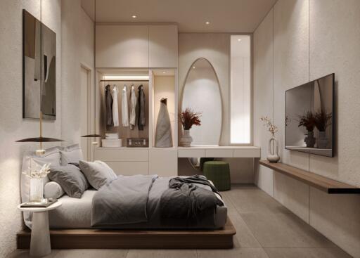 Modern bedroom with minimalist decor and amenities