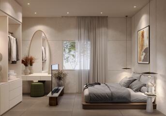 Modern, well-lit bedroom with a minimalist design