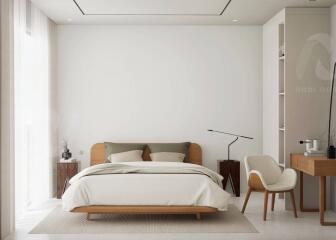 Modern bedroom with wooden furniture and minimalist decor