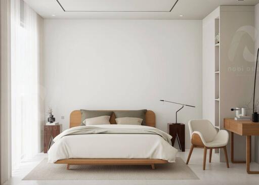 Modern bedroom with wooden furniture and minimalist decor