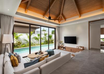 Spacious living room with pool view