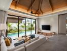 Spacious living room with pool view