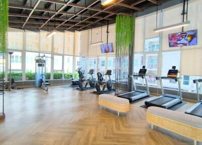 modern gym with treadmills and exercise bikes