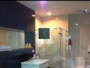 Modern bathroom with glass shower enclosure and white bathtub