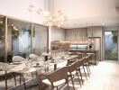 Modern kitchen and dining area with stylish lighting