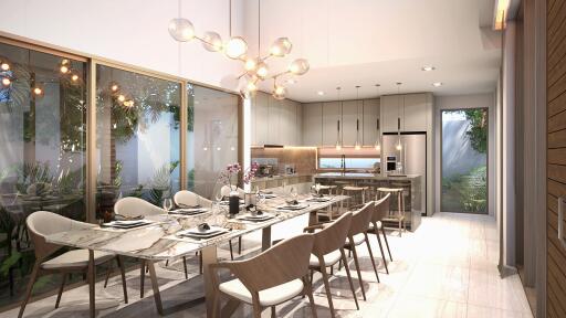 Modern kitchen and dining area with stylish lighting