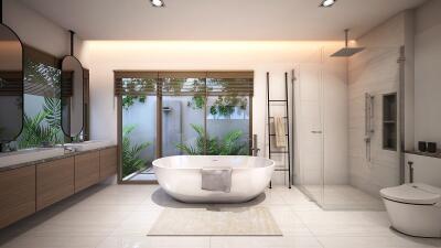 Modern bathroom with tub, shower, and double vanity