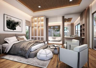 Spacious and modern bedroom with contemporary decor, large windows, and wooden flooring