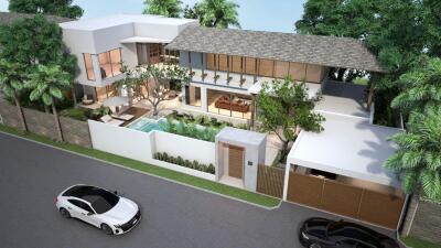 Aerial view of a modern house with pool and garage