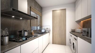 Modern kitchen with sleek countertops, integrated appliances, and a laundry area