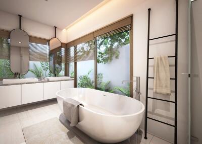 Modern bathroom with freestanding tub and double vanity