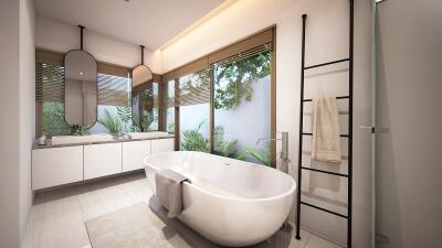 Modern bathroom with freestanding tub and double vanity