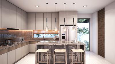 Modern kitchen with island and stools