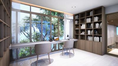 Modern home office with a large window and built-in shelves